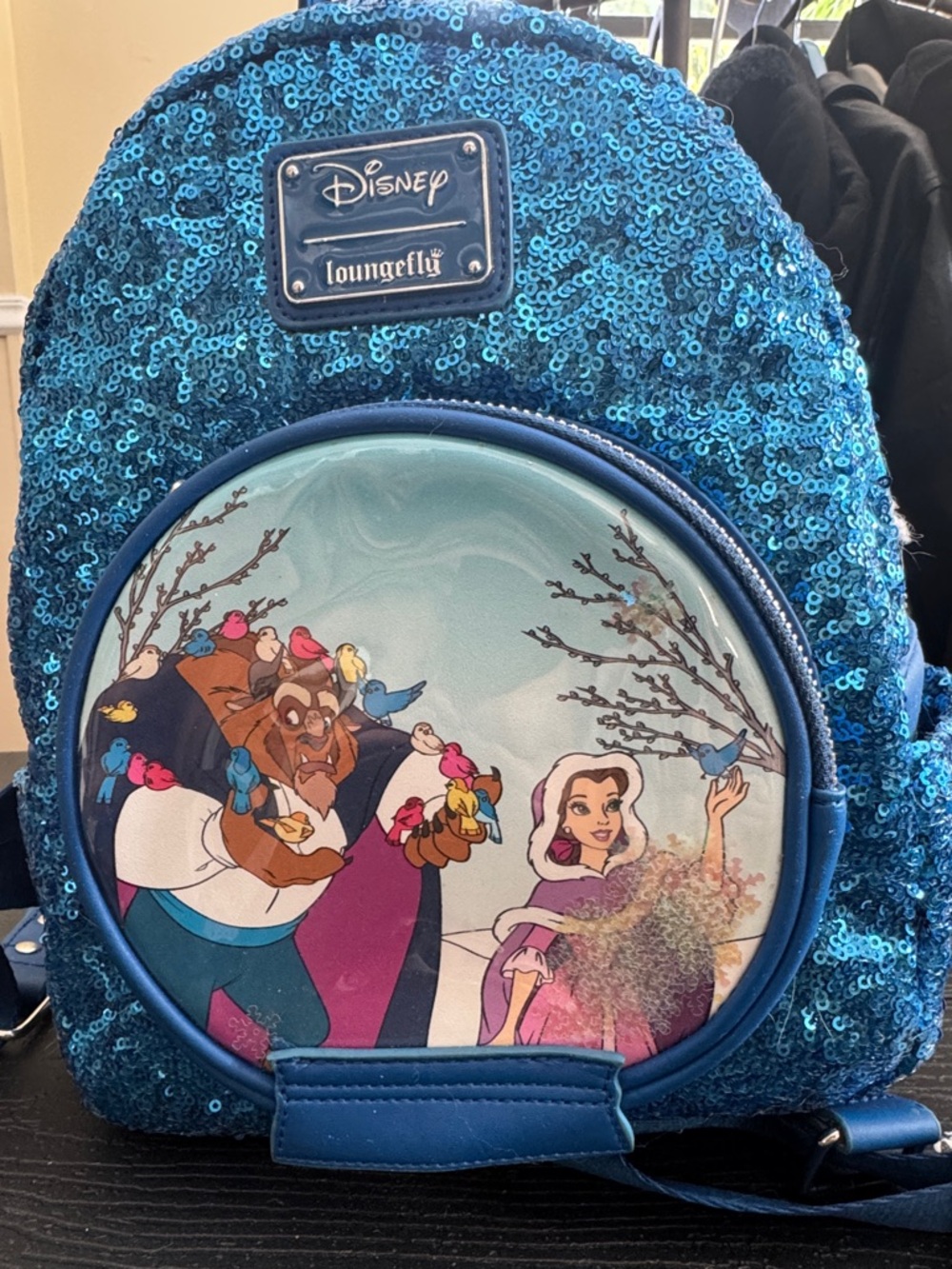 Loungefly Blue Sequin Disney Kids Backpack with Belle & Beast Artwork